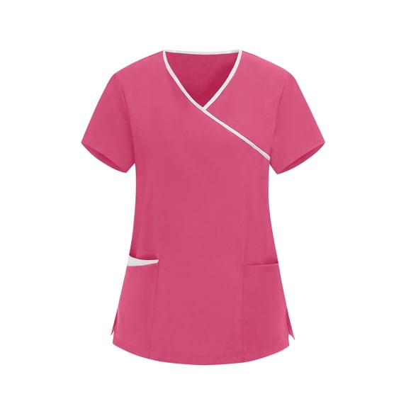 Hurxie Scrubs for Women Short Sleeve Button Down Scrub Tops Collar Comfort Fit Scrub Shirts Hot Pink S