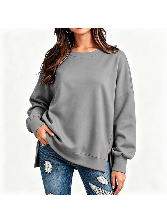 Side Split Sweatshirt for Women Fall Outfits Fashion Long Sleeve Tops Crewneck Sweatshirt Business Casual, Trendy