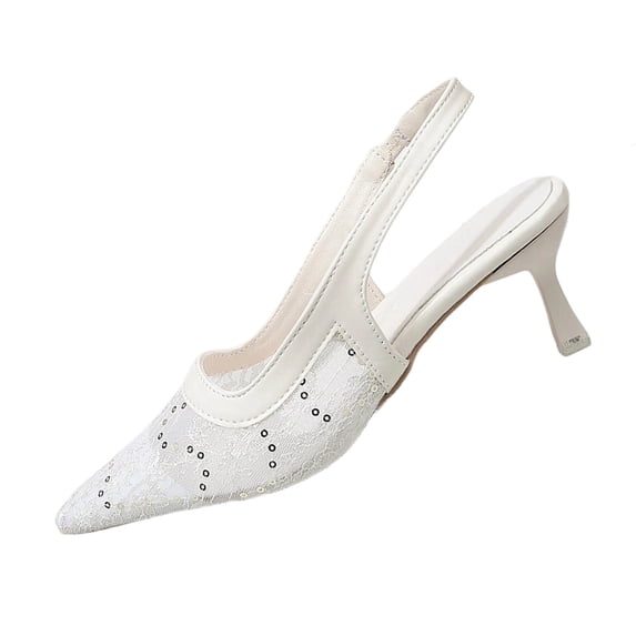 Hurxie Slingback Heels for Women Pointed Closed Toed Kitten Heel Mesh Wedding Bridal Pumps White 42