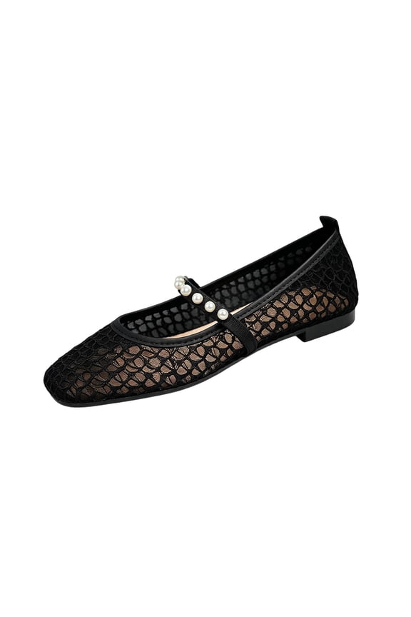 Woven Mesh Ballet Flats for Women with Metal Buckle Strap Ballerina Flat Shoes Comfortable Round Toe Mary Jane Flat Black 9