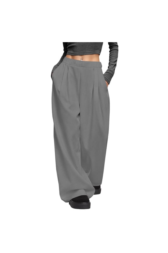 Soft Wide Leg Pants for Women High Waist Casual Loose Pants with Pockets-27/29"/ 31" Inseam Gray XL