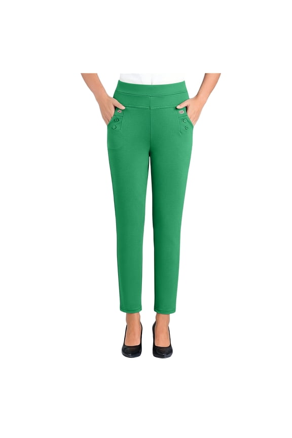 Stretch Ponte Pants for Women - Dressy Leggings - High Waist Shaping Butt Lifting Green,XL