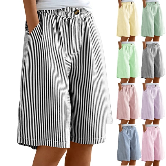 Hurxie Striped Bermuda Shorts for Women Casual Cotton Linen Shorts Elastic Drawstring Summer Beach Vacation Shorts Pocket Green,3XL