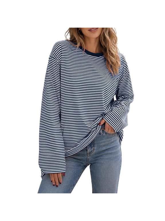 Striped Long Sleeve Shirt Women Y2k Oversized Crewneck Fall Spring Drop Shoulder Vintage Tops Teen Clothes