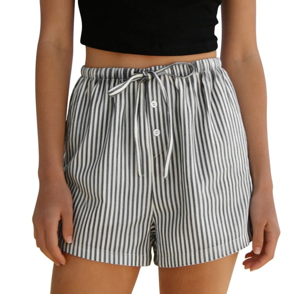 Hurxie Striped Shorts for Women High Waisted Beach Casual Drawstring Pull On Elastic Waist Summer Shorts with Pockets Black,L