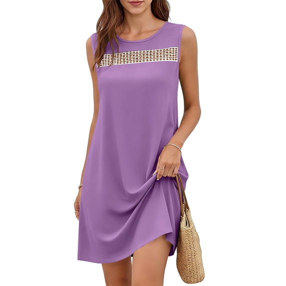 Hurxie Summer Dresses for Women Beach Vacation Spring Fashion Clothing Lace Mini Tank Dress with Pockets Purple,S