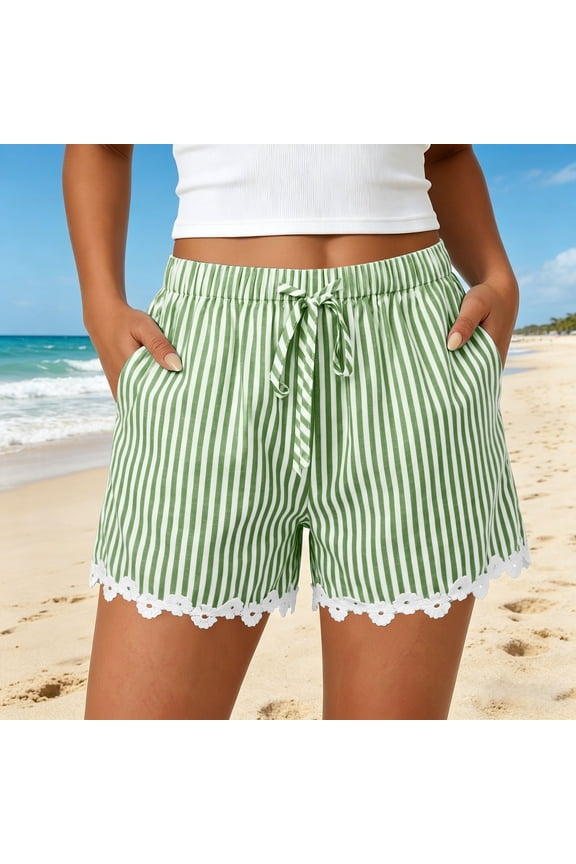 Summer Shorts for Women Casual Loose Elastic Waist Drawstring Lace Boho Beach Cover Up Shorts Green,2XL
