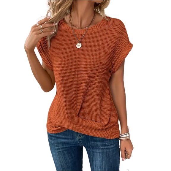 Hurxie Summer Tops for Women Trendy Rolled Short Sleeve Shirts Waffle Knit Crew Neck Tops Curved Hem Fashion Clothing Orange M