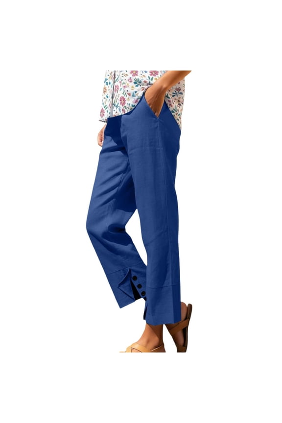Summer Women Cotton Linen Pants Casual High Waist Comfy Lightweight Gauze Pants with Pockets Beach Trousers Blue,S