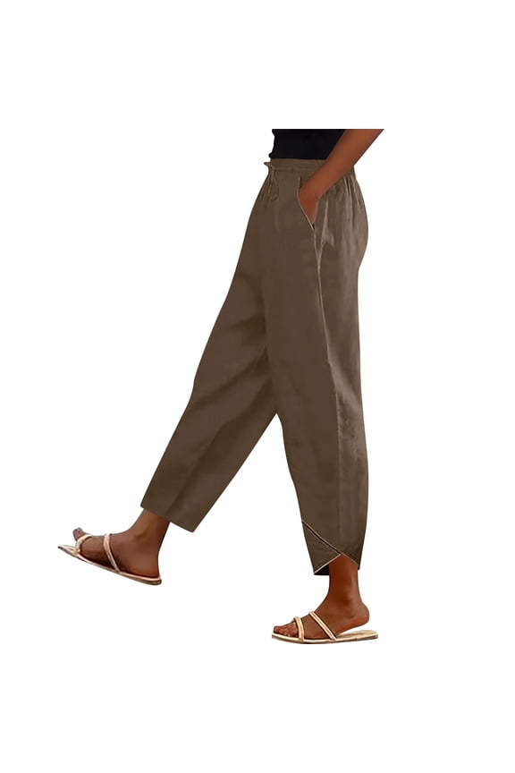 Summer Women Cotton Linen Pants Casual High Waist Comfy Lightweight Gauze Pants with Pockets Loose Trousers Brown,XL