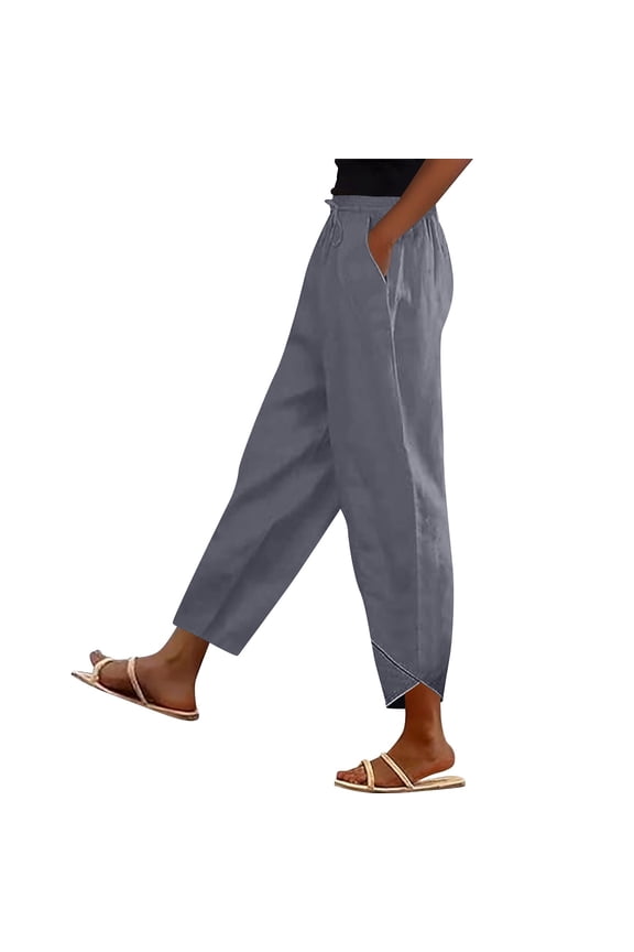 Summer Women Cotton Linen Pants Casual High Waist Comfy Lightweight Gauze Pants with Pockets Loose Trousers Gray,L
