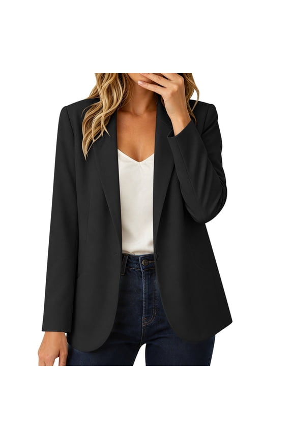 Summer Women's Open Front Casual Blazer - Lightweight Breathable Lined Fashion Work Jacket with Pocket Black,L