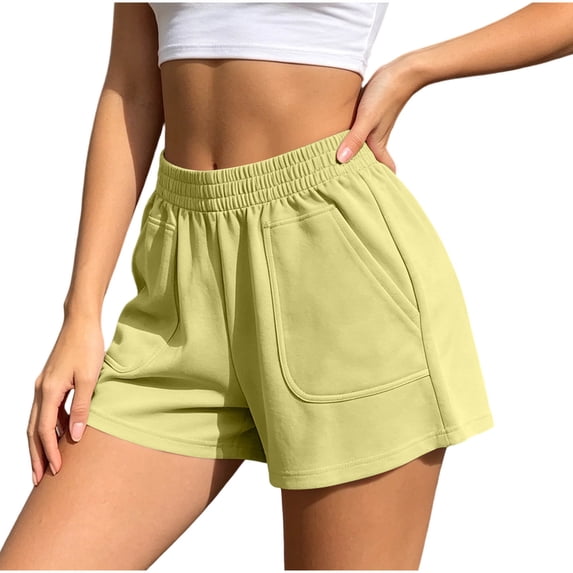 Hurxie Sweat Shorts for Women Casual Summer Athletic Short Elastic Waist Comfy Lounge Shorts Bottoms with Pockets Yellow,XL