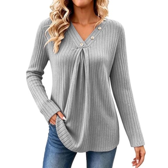 Hurxie Sweaters for Women Long Sleeve Shirts V Neck Tops with Buttons Fall Fashion Outfits Winter Clothing Gray,XL