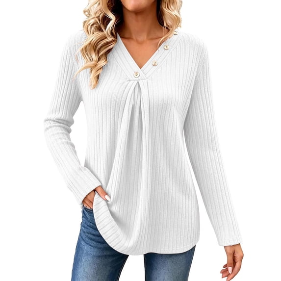 Hurxie Sweaters for Women Long Sleeve Shirts V Neck Tops with Buttons Fall Fashion Outfits Winter Clothing White,XL