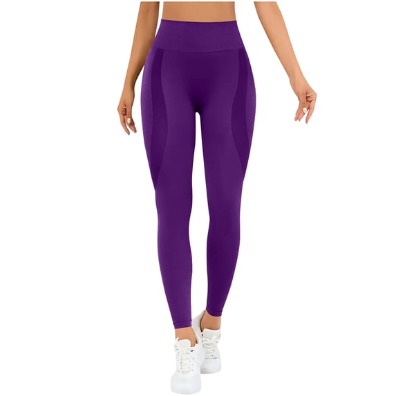 Hurxie Thick High Waist Yoga Pants with Pockets Tummy Control Workout Running Yoga Leggings for Women Purple M