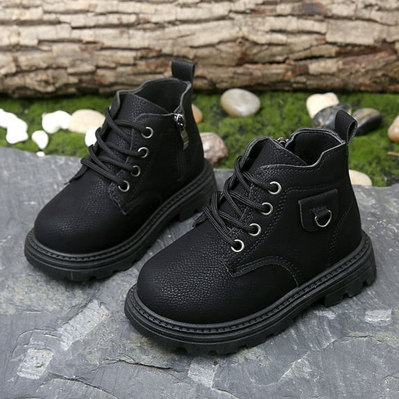 Hurxie Toddler Boys Girls Boots Hiking Ankle Boots Outdoor Waterproof Kids Work Boots Winter Snow Boots Lace Up Zipper Booties Black 3-3.5Years