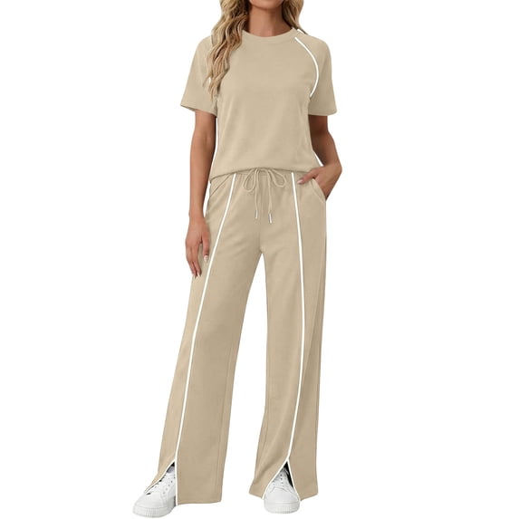 Hurxie Two Piece Set for Women Summer Outfits Mock Neck Shorts Sleeve Tank Top Wide Leg Pants Athletic Matching Sets Khaki,2XL