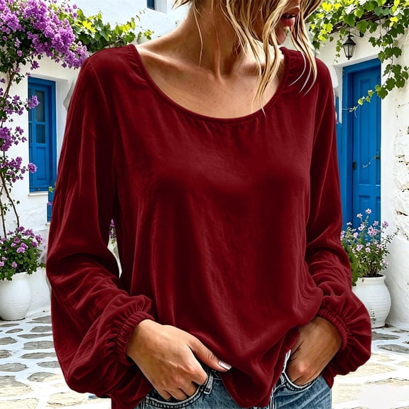 Hurxie Velvet Tops for Women Crew Neck Long Sleeve Casual Blouse Shirt Puff Sleeve, Soft, Dressy, Basic Pullover Top Red,S