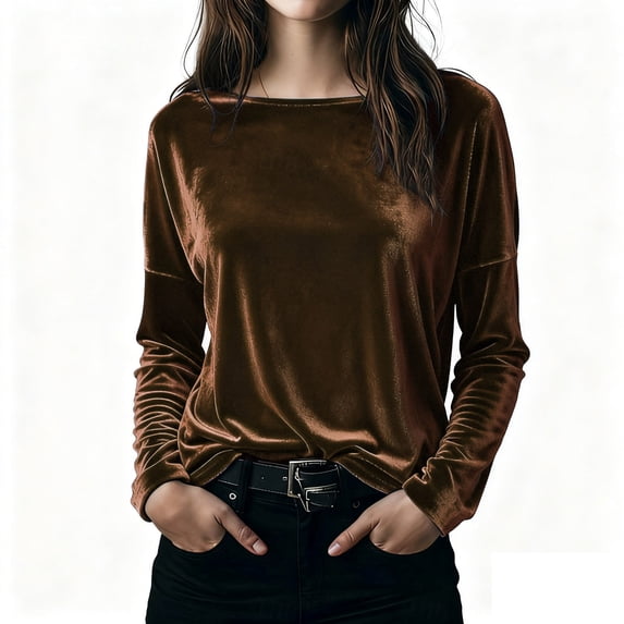 Hurxie Velvet Tops for Women Long Sleeve Crewneck Dressy Elegant Date Night Velour Shirts Brown L