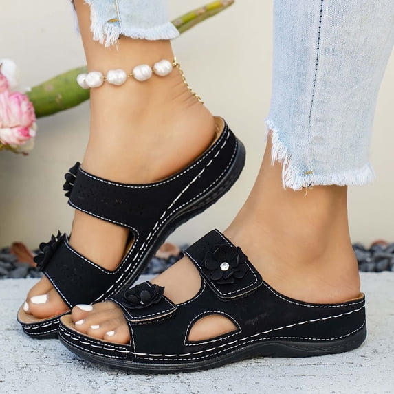Hurxie Wedge Sandals for Women Dressy: Comfortable Walking Summer Low Platform Ankle Strap Open Toe Casual Dressy Women Flat Sandal Black 7