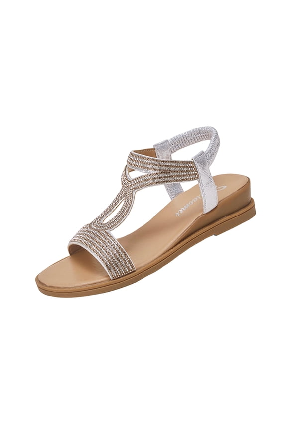 Wedge Sandals for Women Dressy: Rhinestone Low Wedge Sandal - Comfortable Elastic Strappy Sandals - Summer Walking Sandals Silver 37