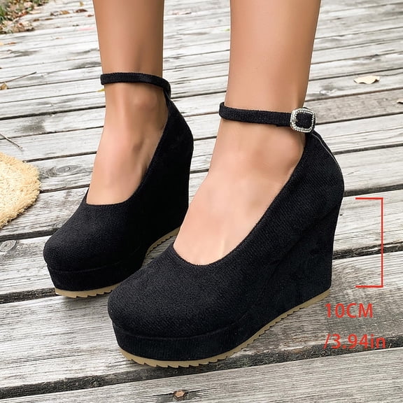 Hurxie Wedges for Women Closed Round Toe Ankle Strap Platform High Heel Wedge Pumps 6 Inches Dress Shoes Black 36