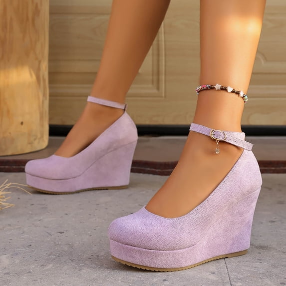 Hurxie Wedges for Women Closed Round Toe Ankle Strap Platform High Heel Wedge Pumps Dress Shoes Purple 41