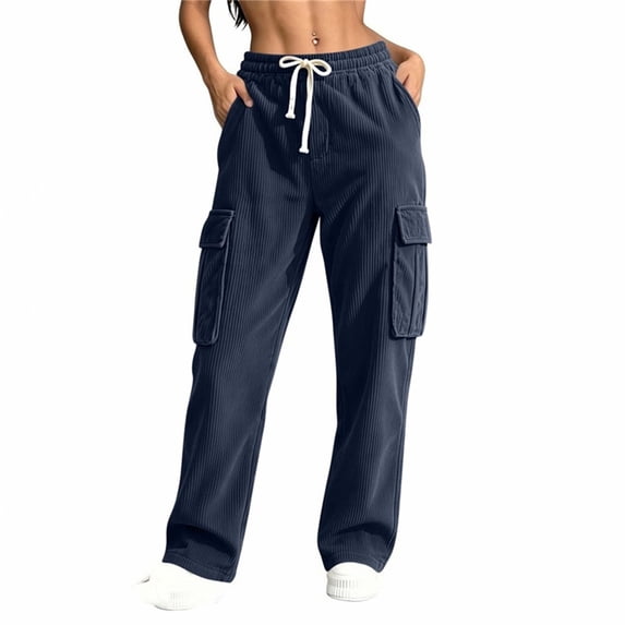 Hurxie Wide Leg Cargo Fleece Sweatpants for Women — 4 Pockets, Elastic Drawstring Waist Navy,L
