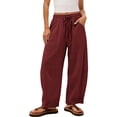 thumbnail image 1 of Hurxie Wide Leg Linen Pants for Women Drawstring Waist Lightweight Summer Pants with Pocket Baggy Cotton Linen Palazzo Pants Wine,S, 1 of 6