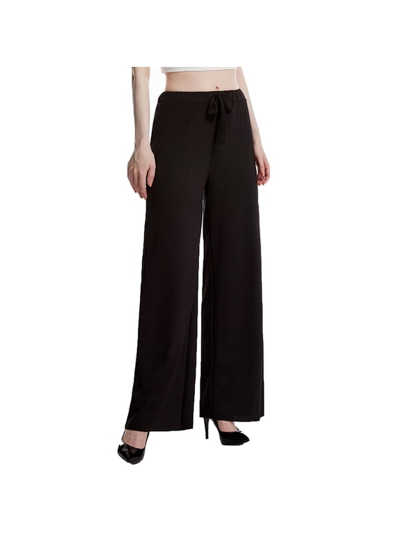 Wide Leg Pants for Women Elastic High Waisted Knit Fleece Lined Palazzo Pants Work Trousers with Pockets Black S