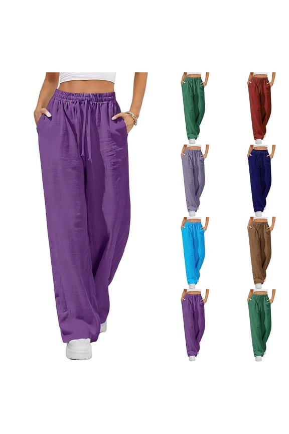 Wide Leg Pants for Women Flowy Palazzo Drawstring Elastic Waist Trousers with Pockets Summer Beach Vacation Clothes Navy,S