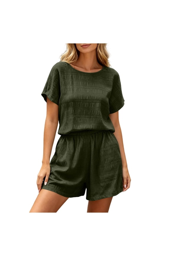 Women 2 Piece Shorts Set Casual Summer Cruise Outfits Ribbed Loose Short Sleeve Pocket Matching Lounge Sets Army Green,S
