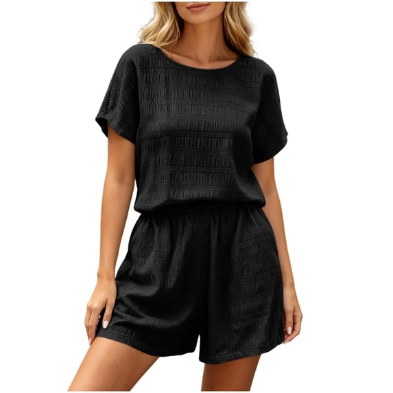 Hurxie Women 2 Piece Shorts Set Casual Summer Cruise Outfits Ribbed Loose Short Sleeve Pocket Matching Lounge Sets Black,2XL
