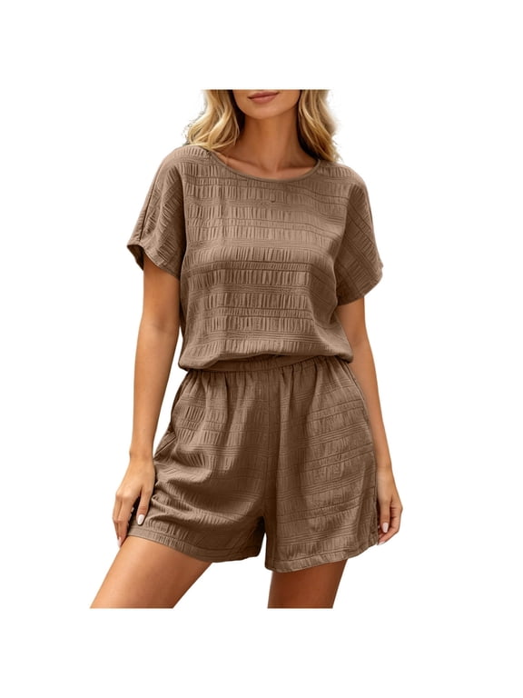 Women 2 Piece Shorts Set Casual Summer Cruise Outfits Ribbed Loose Short Sleeve Pocket Matching Lounge Sets Brown,M