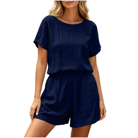 Hurxie Women 2 Piece Shorts Set Casual Summer Cruise Outfits Ribbed Loose Short Sleeve Pocket Matching Lounge Sets Navy,M