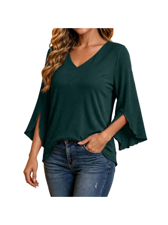 Women Blouses Ruffle 3/4 Sleeve Sequin Top V Neck Double Layer Tunic V Neck Shape Elegant Tunic Green,L