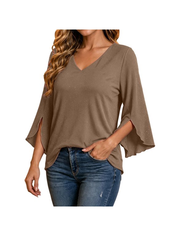 Women Blouses Ruffle 3/4 Sleeve Sequin Top V Neck Double Layer Tunic V Neck Shape Elegant Tunic Khaki,S