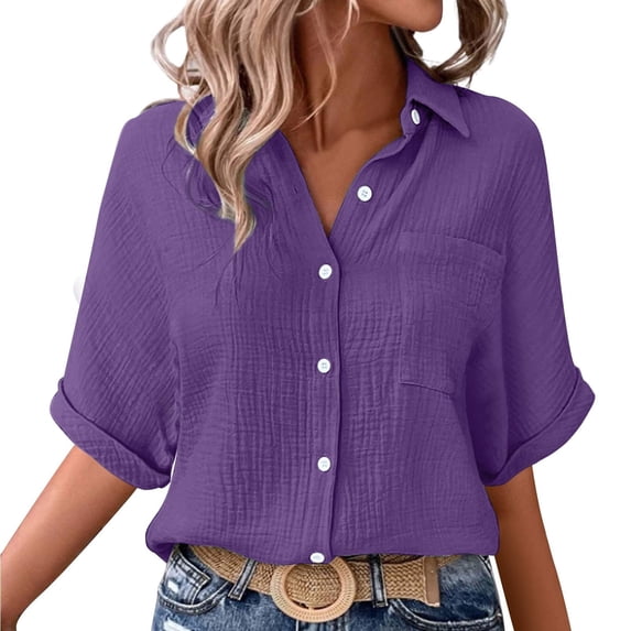 Hurxie Women Blouses Short Sleeve Button Down Shirts Business Casual Dressy Work Tops Summer Spring Clothes Purple M
