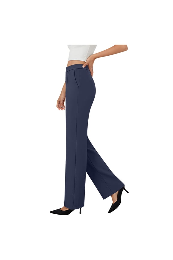 Women Bootcut Dress Pants Business Casual Work Pants with Pockets Pull On Slacks for Office Dark Blue L