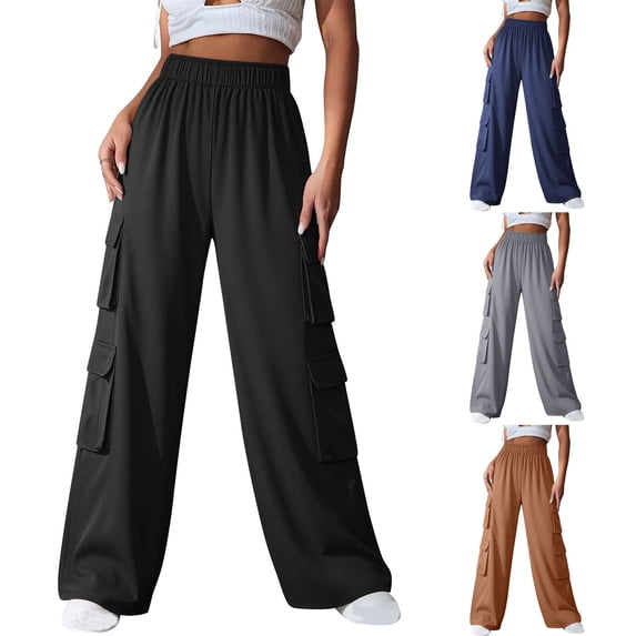 Hurxie Women Cargo Pants Baggy Y2K Clothing Multi Pockets High Waist Loose Straight Leg Pants Vintage Clothes Navy,L