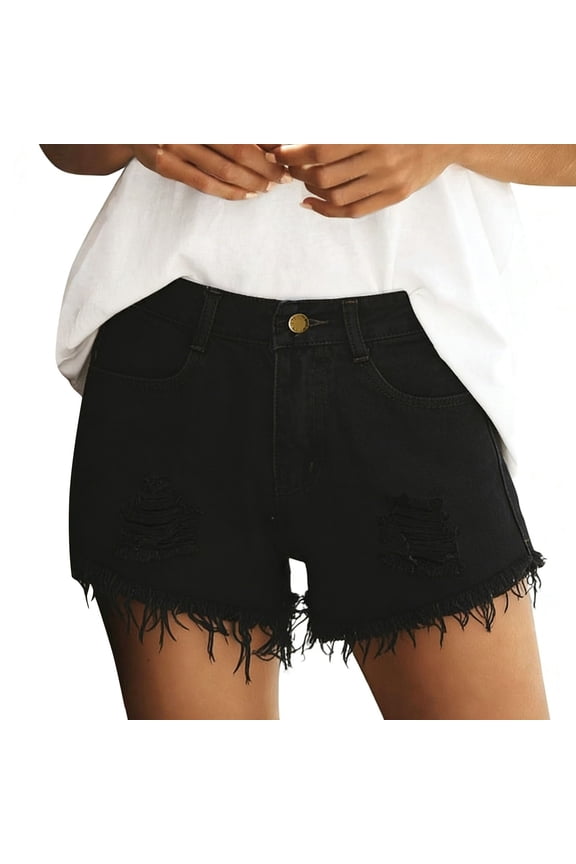 Women Casual High Waisted Denim Shorts Frayed Raw Hem Ripped Jeans Shorts Black,M