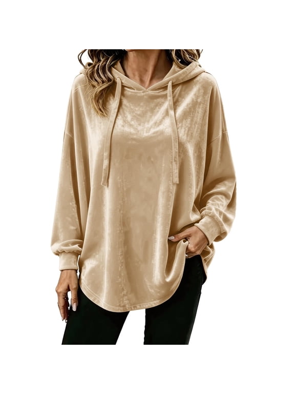Women Casual Hoodie Velour Long Sleeves Fashion Pullover Loose Fit Tunic Winter Tops Comfy Shirts