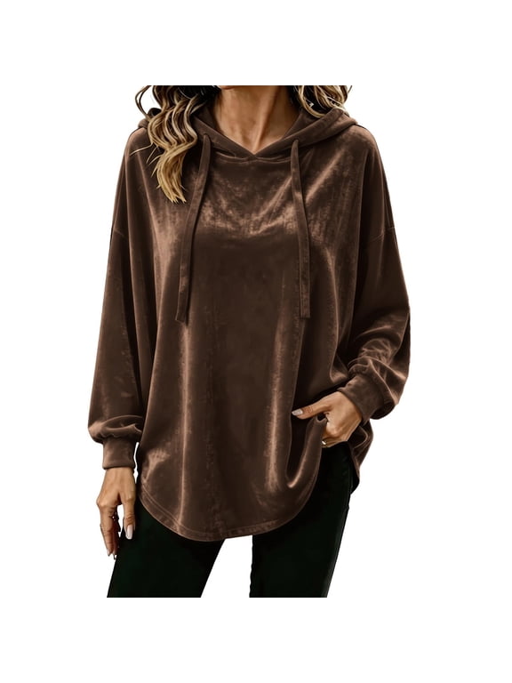 Women Casual Hoodie Velour Long Sleeves Fashion Pullover Loose Fit Tunic Winter Tops Comfy Shirts