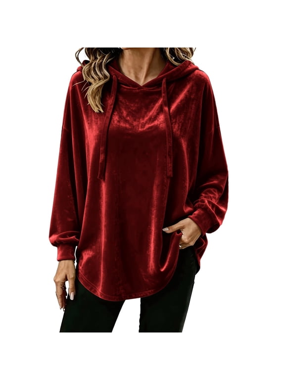 Women Casual Hoodie Velour Long Sleeves Fashion Pullover Loose Fit Tunic Winter Tops Comfy Shirts
