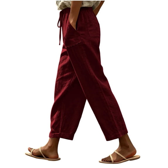 Hurxie Women Casual Lightweight Drawstring Elastic Waist Pants with Pockets Red,2XL