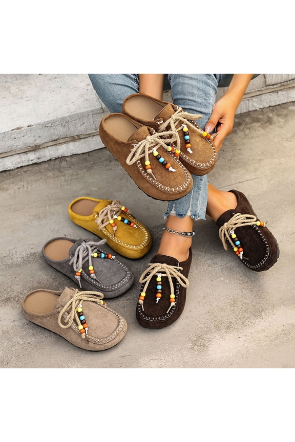 Women Fashion Beaded Comfortable Round Toe Soft Sole Slip On Flat Clog Loafers Casual Daily Work Walking Shoes Gray 36