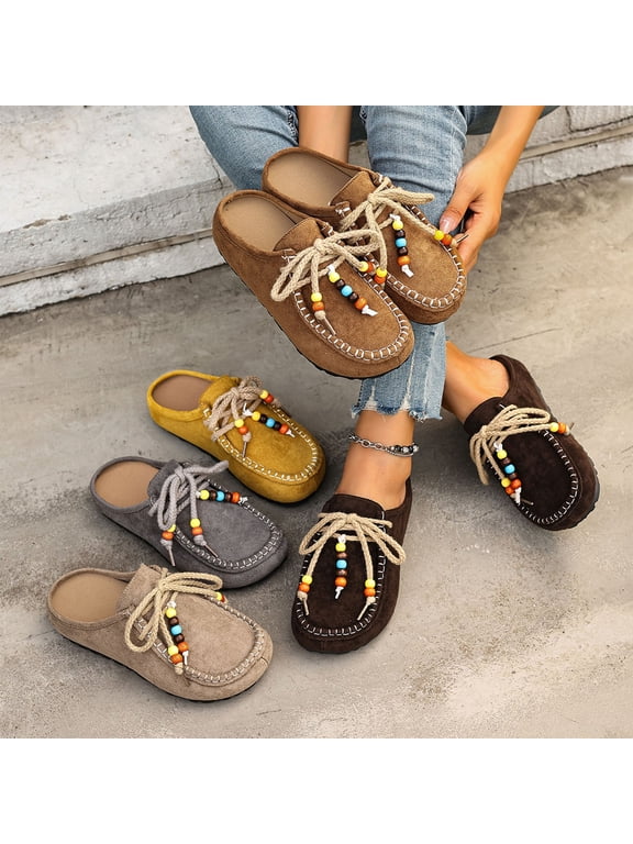 Women Fashion Beaded Comfortable Round Toe Soft Sole Slip On Flat Clog Loafers Casual Daily Work Walking Shoes Yellow 43