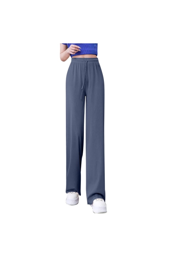 Women Flowy Pants Drawstring Waist Wide Leg Palazzo Beach Pants Loose Fit with Pockets Blue XL