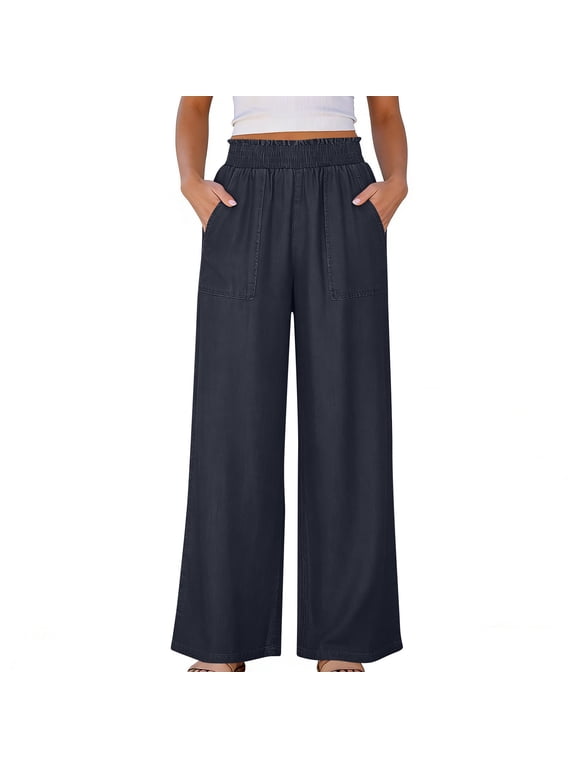 Women Flowy Pants Drawstring Waist Wide Leg Palazzo Beach Pants Loose Fit with Pockets Dark Gray,XL
